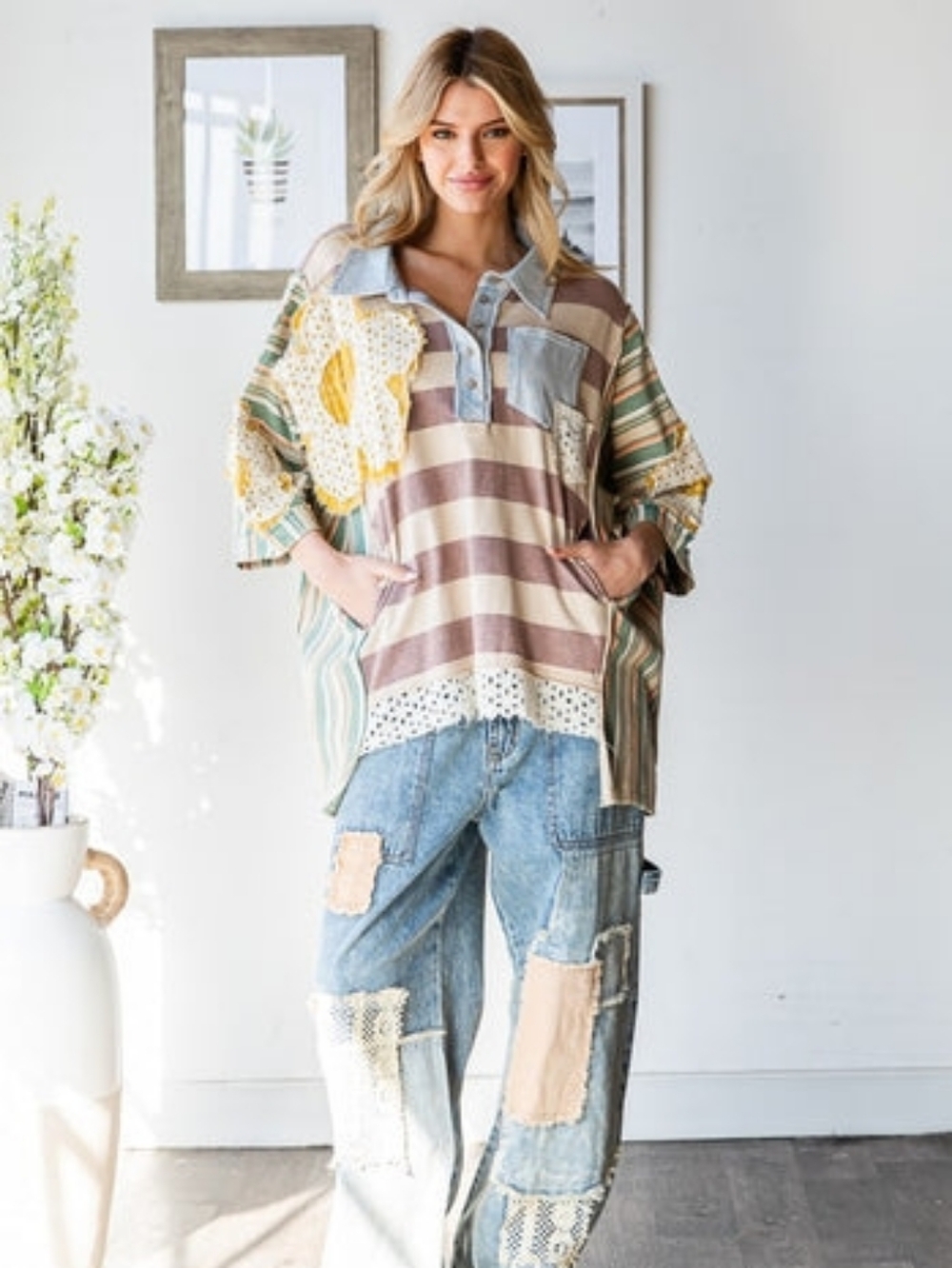 Oli & Hali Oversized Multicolored Mix n Matched Striped Top with Flower Patches - Picture 5 of 6
